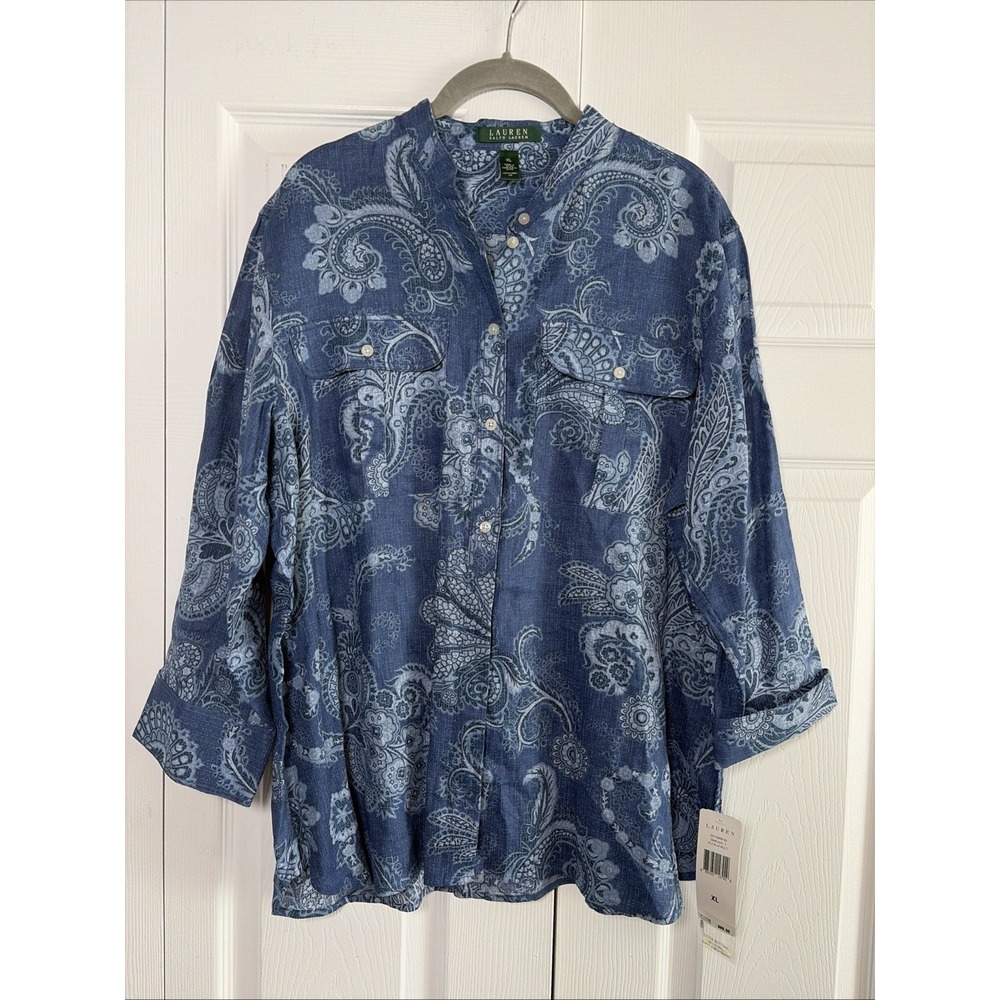 Lauren Ralph Lauren Paisley Linen Blouse Womens Size XL Blue Button Down Shirt